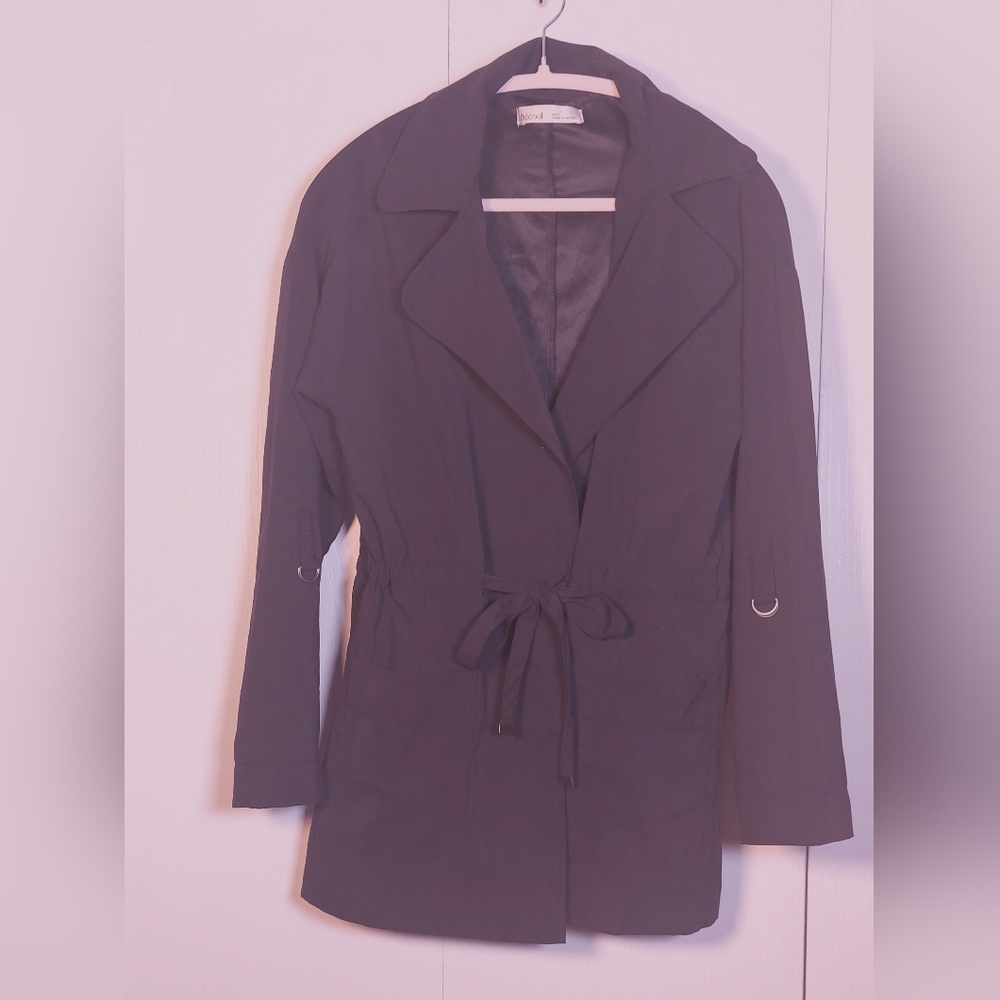 Be Cool Belted Black Trench Coat Size Small Lined Roll Sleeves Jacket Duster